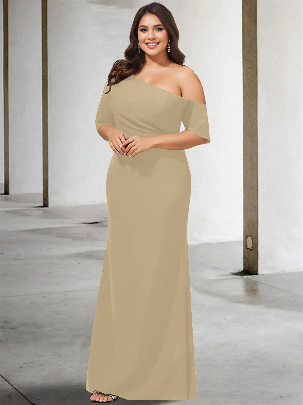 Princess A-Line Floor-Length Mother of the Bride Dress with One Shoulder and 3/4 Sleeves in Pure Color-BMbridal.UK