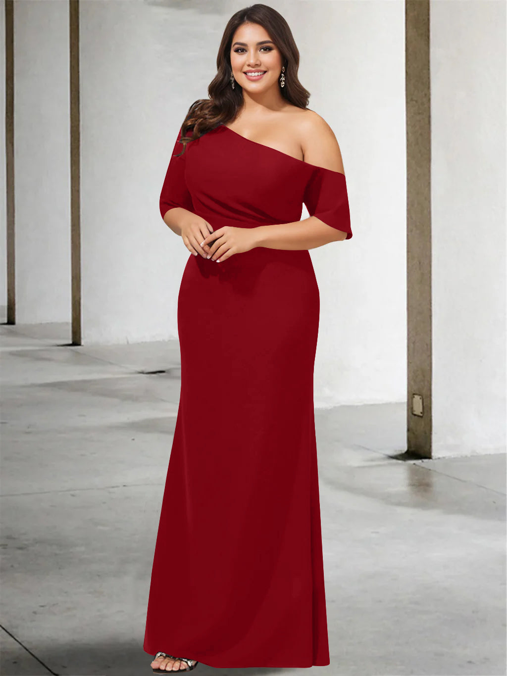 Princess A-Line Floor-Length Mother of the Bride Dress with One Shoulder and 3/4 Sleeves in Pure Color-BMbridal.UK