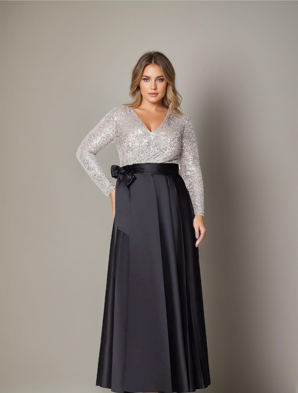 V-Neck A-Line Princess Floor-Length Plus Size Mother of the Bride Dress With Long Sleeves and Sequined Pocket-BMbridal.UK