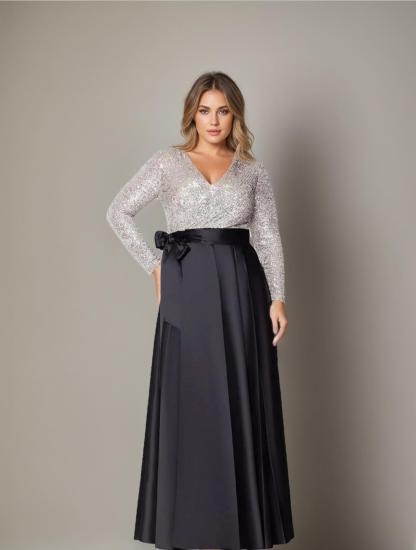V-Neck A-Line Princess Floor-Length Plus Size Mother of the Bride Dress With Long Sleeves and Sequined Pocket-BMbridal.UK