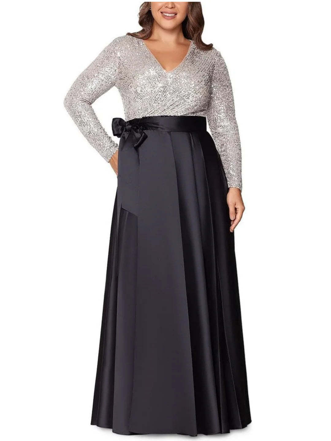 V-Neck A-Line Princess Floor-Length Plus Size Mother of the Bride Dress With Long Sleeves and Sequined Pocket-BMbridal.UK