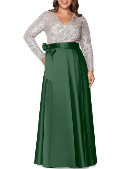 V-Neck A-Line Princess Floor-Length Plus Size Mother of the Bride Dress With Long Sleeves and Sequined Pocket-BMbridal.UK