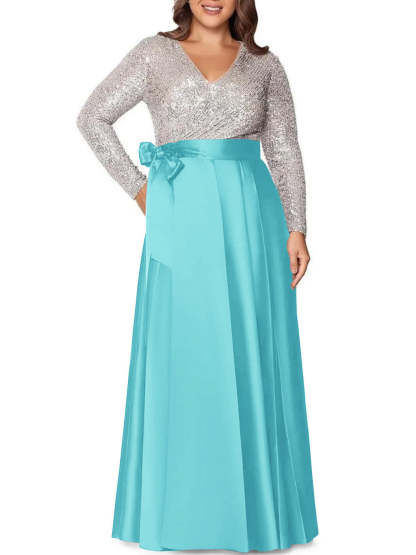 V-Neck A-Line Princess Floor-Length Plus Size Mother of the Bride Dress With Long Sleeves and Sequined Pocket-BMbridal.UK