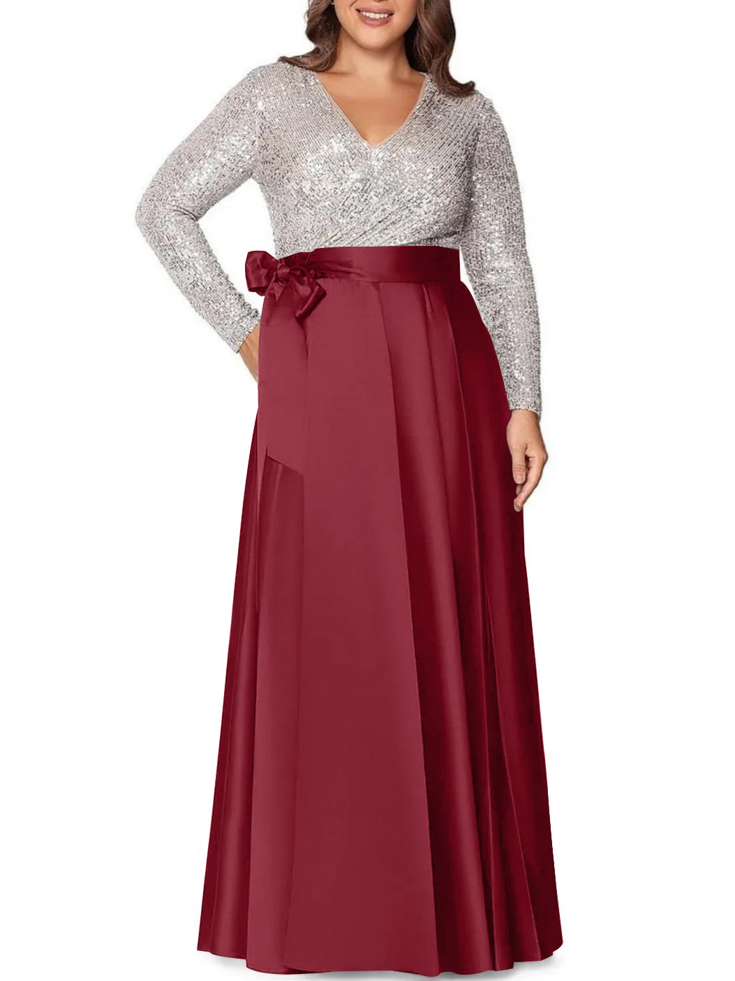 V-Neck A-Line Princess Floor-Length Plus Size Mother of the Bride Dress With Long Sleeves and Sequined Pocket-BMbridal.UK