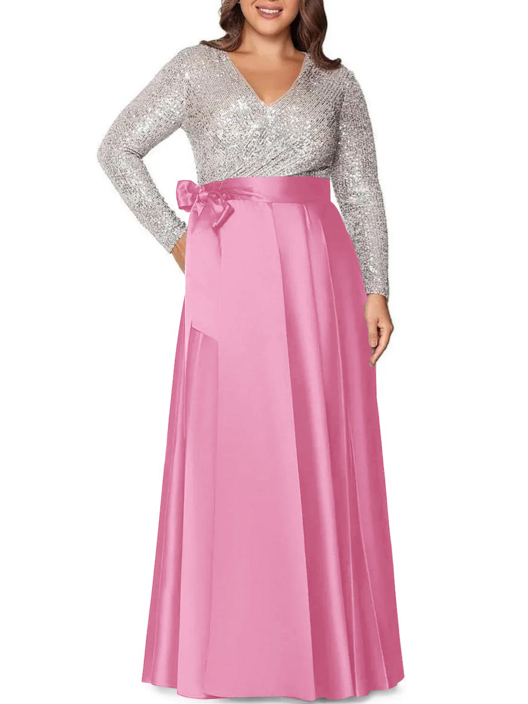 V-Neck A-Line Princess Floor-Length Plus Size Mother of the Bride Dress With Long Sleeves and Sequined Pocket-BMbridal.UK