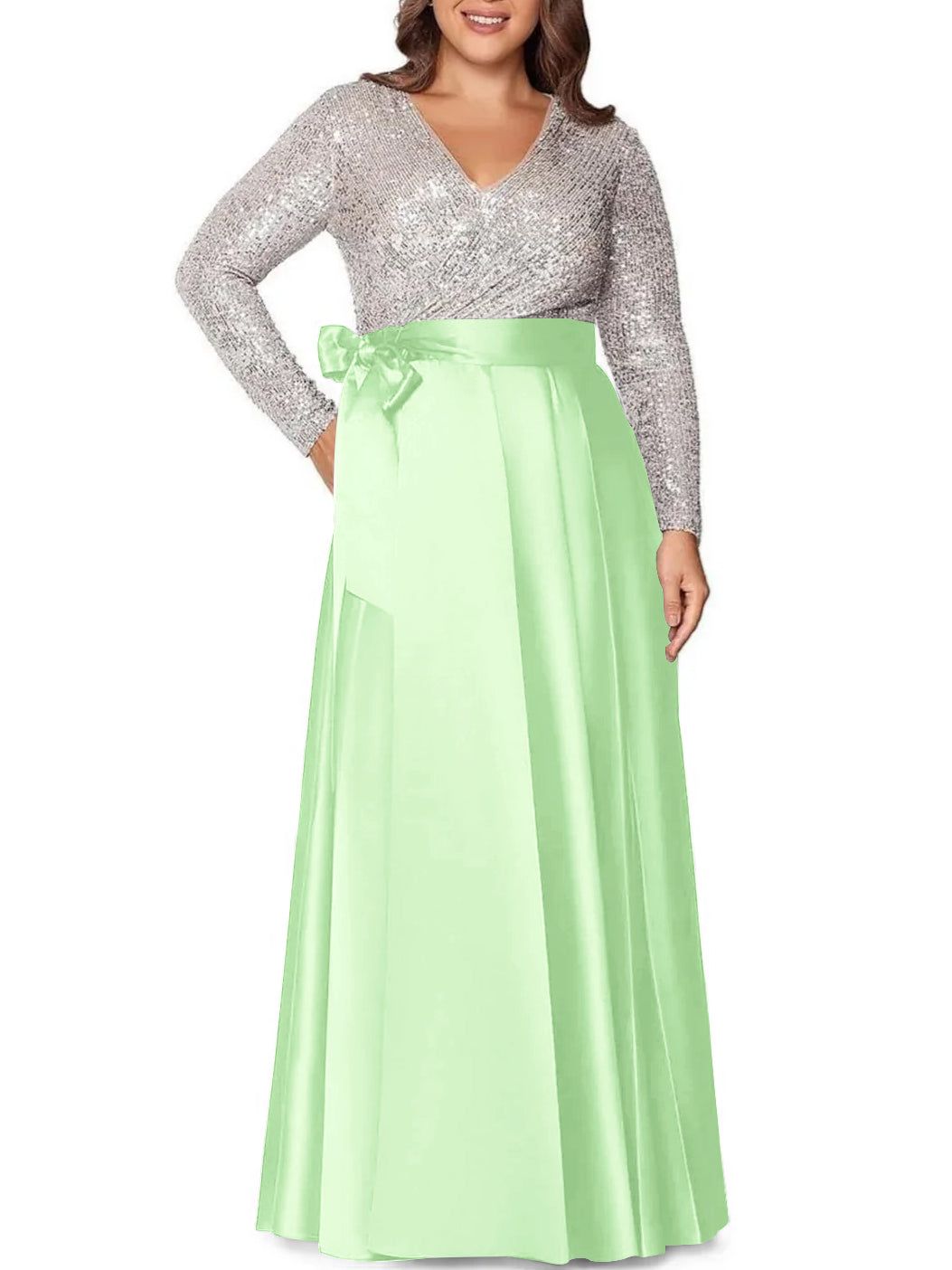 V-Neck A-Line Princess Floor-Length Plus Size Mother of the Bride Dress With Long Sleeves and Sequined Pocket-BMbridal.UK