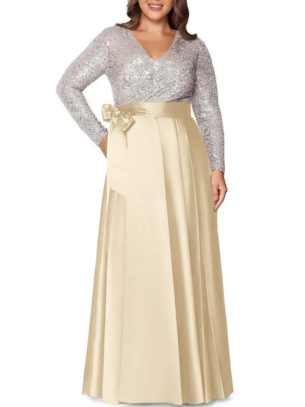 V-Neck A-Line Princess Floor-Length Plus Size Mother of the Bride Dress With Long Sleeves and Sequined Pocket-BMbridal.UK