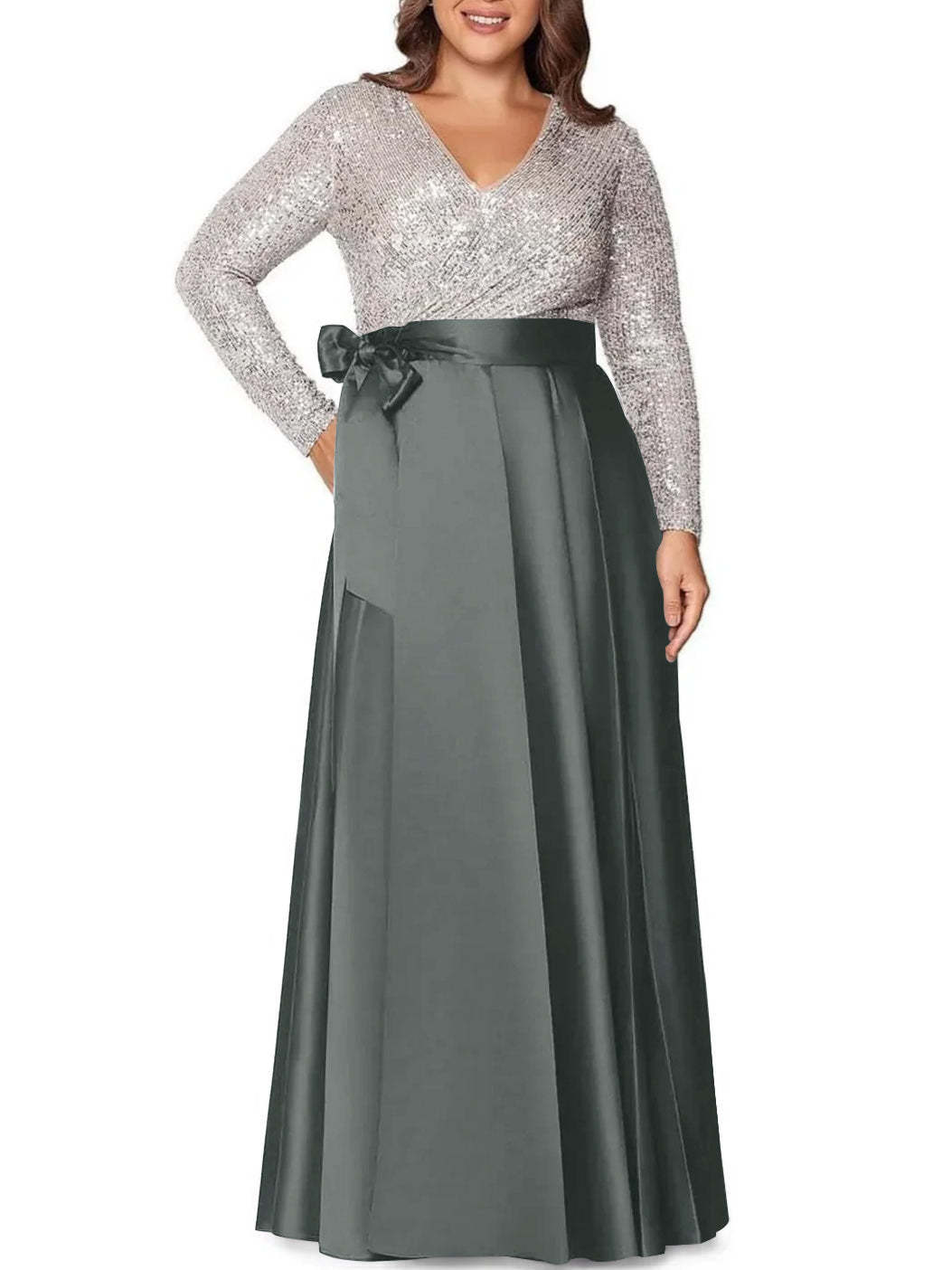 V-Neck A-Line Princess Floor-Length Plus Size Mother of the Bride Dress With Long Sleeves and Sequined Pocket-BMbridal.UK