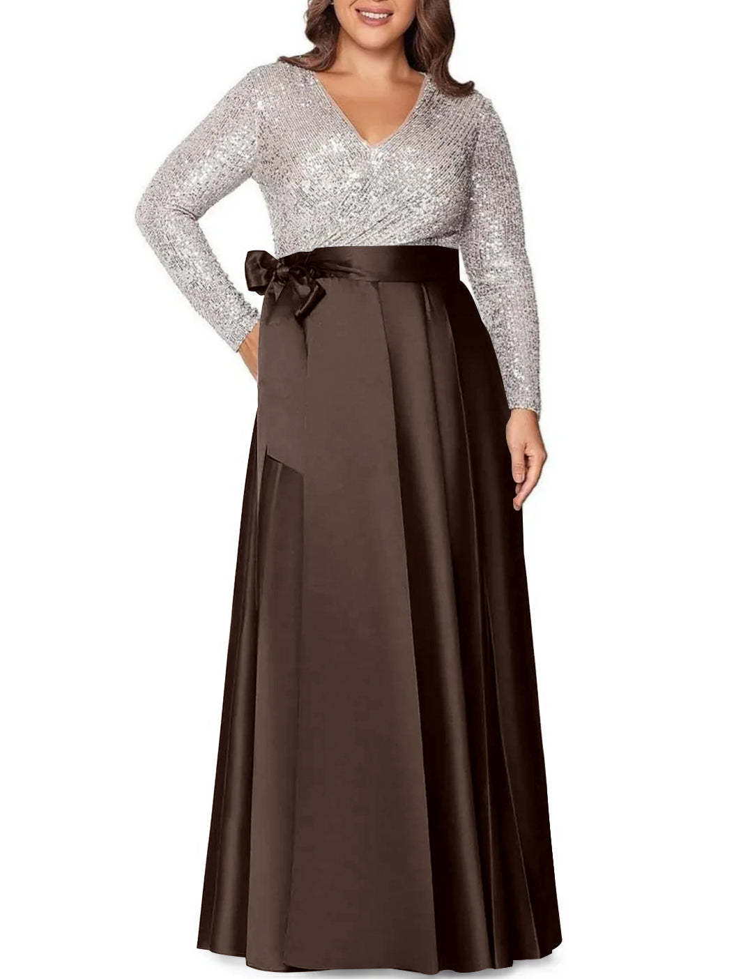V-Neck A-Line Princess Floor-Length Plus Size Mother of the Bride Dress With Long Sleeves and Sequined Pocket-BMbridal.UK