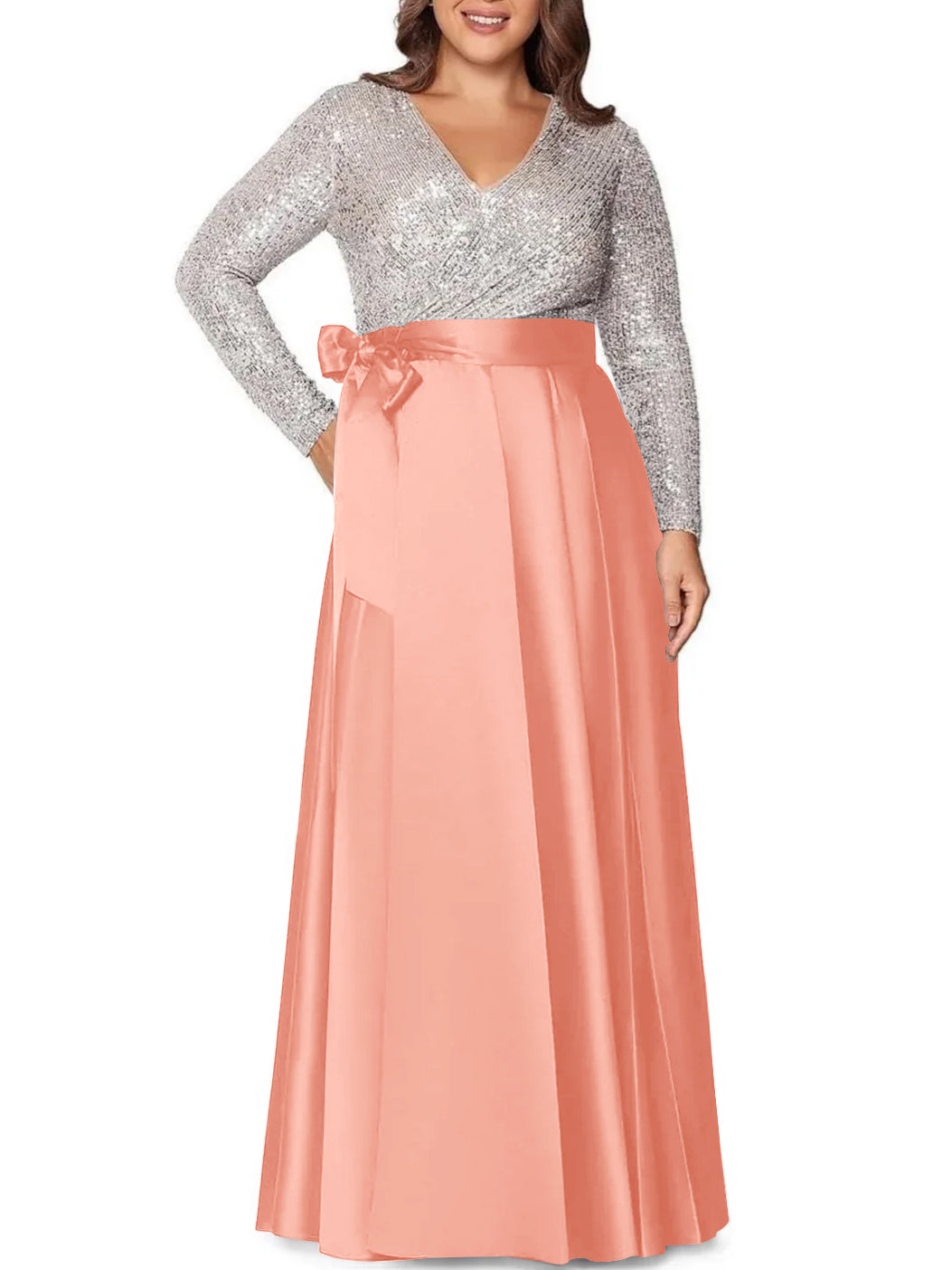 V-Neck A-Line Princess Floor-Length Plus Size Mother of the Bride Dress With Long Sleeves and Sequined Pocket-BMbridal.UK