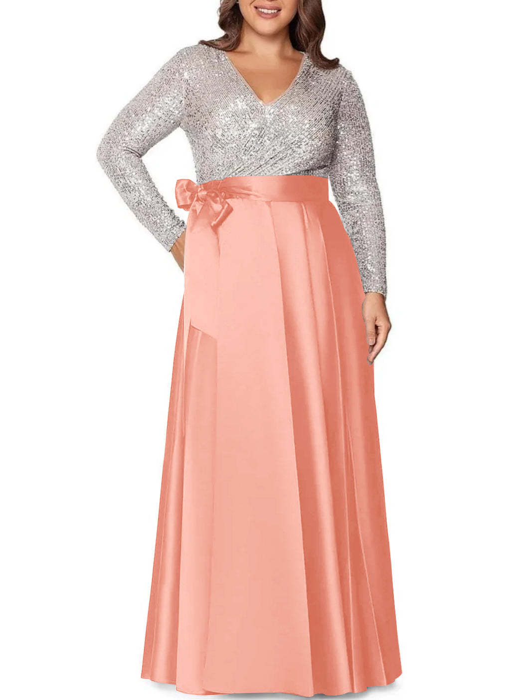 V-Neck A-Line Princess Floor-Length Plus Size Mother of the Bride Dress With Long Sleeves and Sequined Pocket-BMbridal.UK
