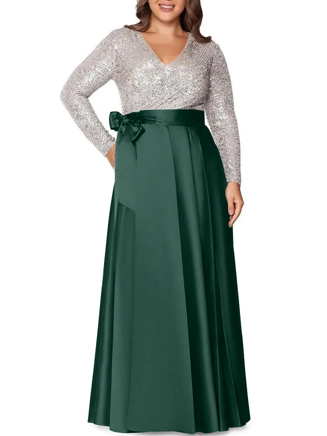 V-Neck A-Line Princess Floor-Length Plus Size Mother of the Bride Dress With Long Sleeves and Sequined Pocket-BMbridal.UK