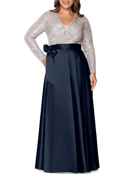 V-Neck A-Line Princess Floor-Length Plus Size Mother of the Bride Dress With Long Sleeves and Sequined Pocket-BMbridal.UK