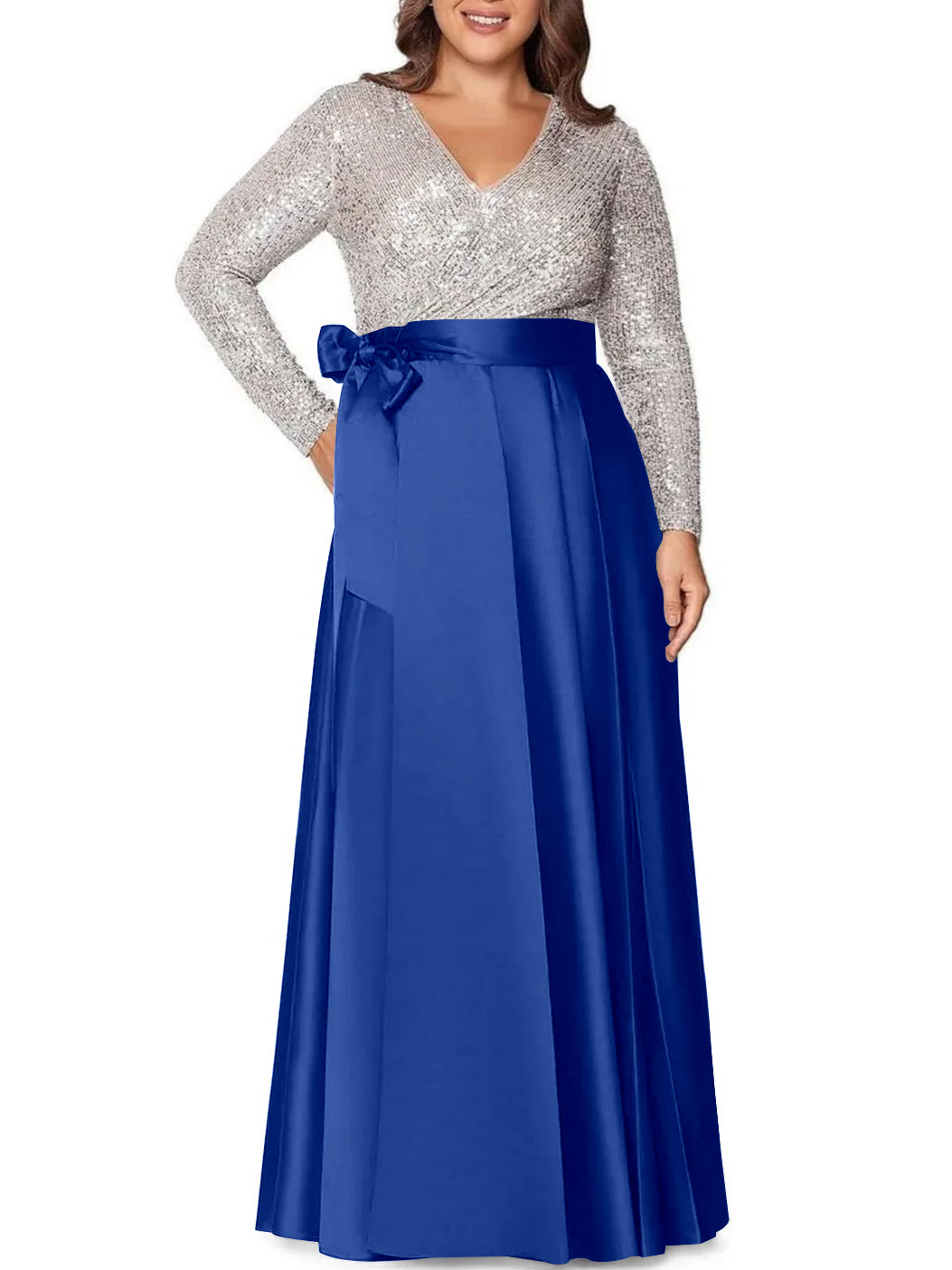 V-Neck A-Line Princess Floor-Length Plus Size Mother of the Bride Dress With Long Sleeves and Sequined Pocket-BMbridal.UK
