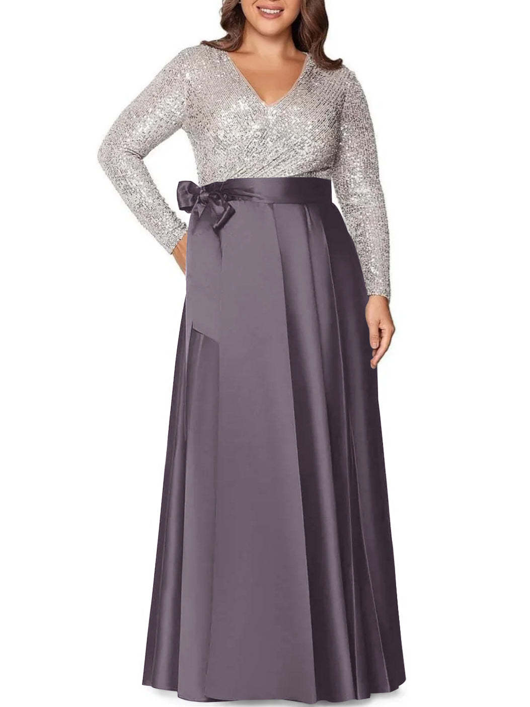 V-Neck A-Line Princess Floor-Length Plus Size Mother of the Bride Dress With Long Sleeves and Sequined Pocket-BMbridal.UK