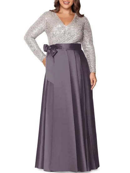 V-Neck A-Line Princess Floor-Length Plus Size Mother of the Bride Dress With Long Sleeves and Sequined Pocket-BMbridal.UK