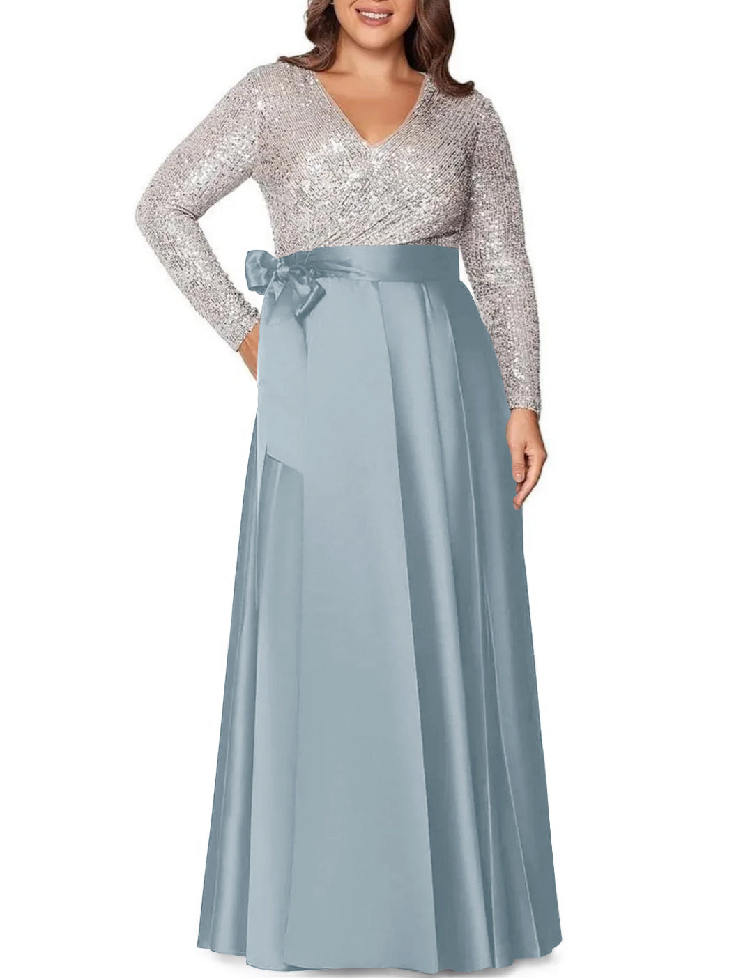 V-Neck A-Line Princess Floor-Length Plus Size Mother of the Bride Dress With Long Sleeves and Sequined Pocket-BMbridal.UK