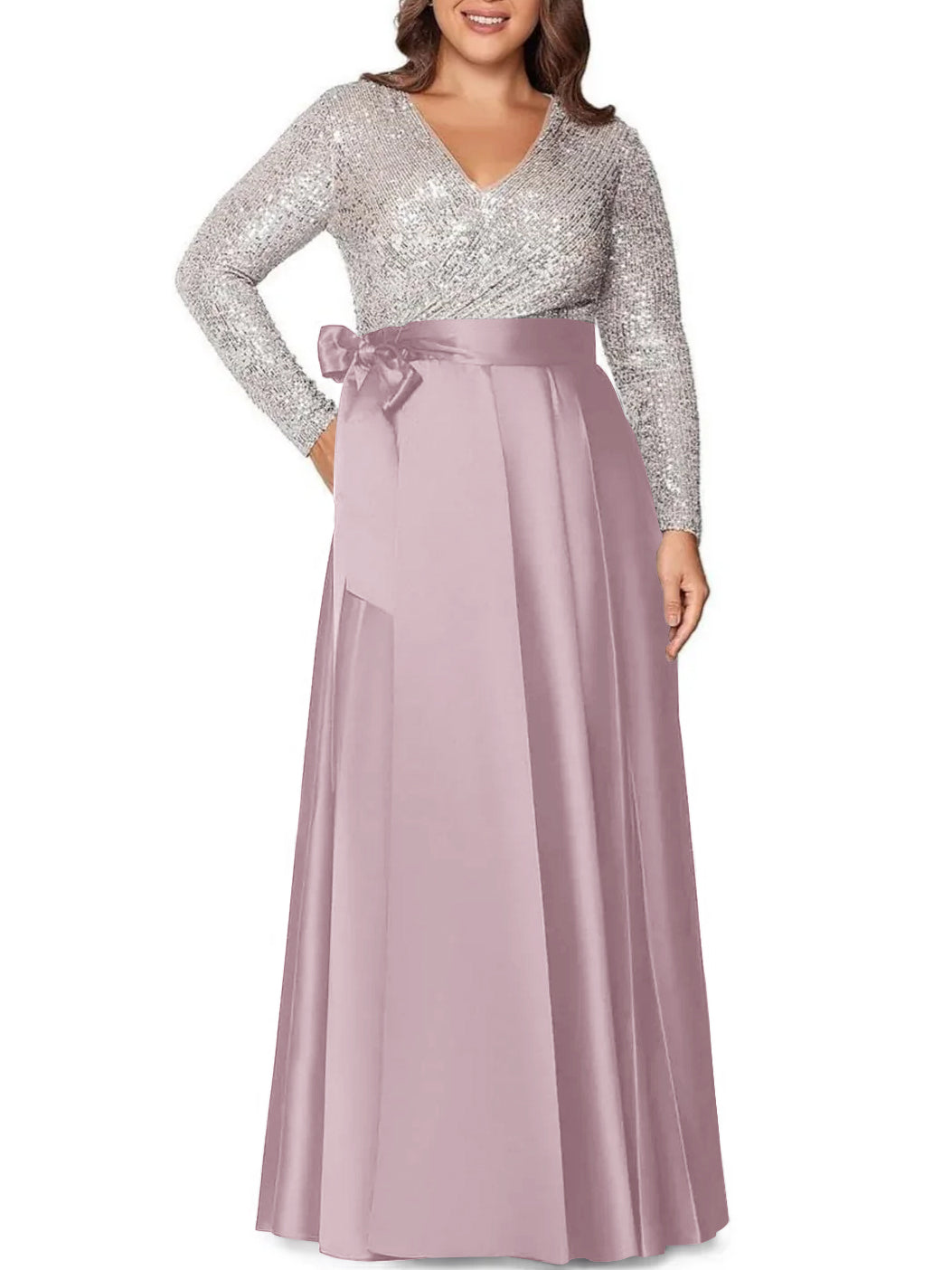 V-Neck A-Line Princess Floor-Length Plus Size Mother of the Bride Dress With Long Sleeves and Sequined Pocket-BMbridal.UK