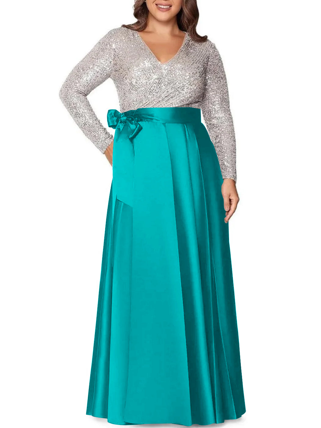 V-Neck A-Line Princess Floor-Length Plus Size Mother of the Bride Dress With Long Sleeves and Sequined Pocket-BMbridal.UK