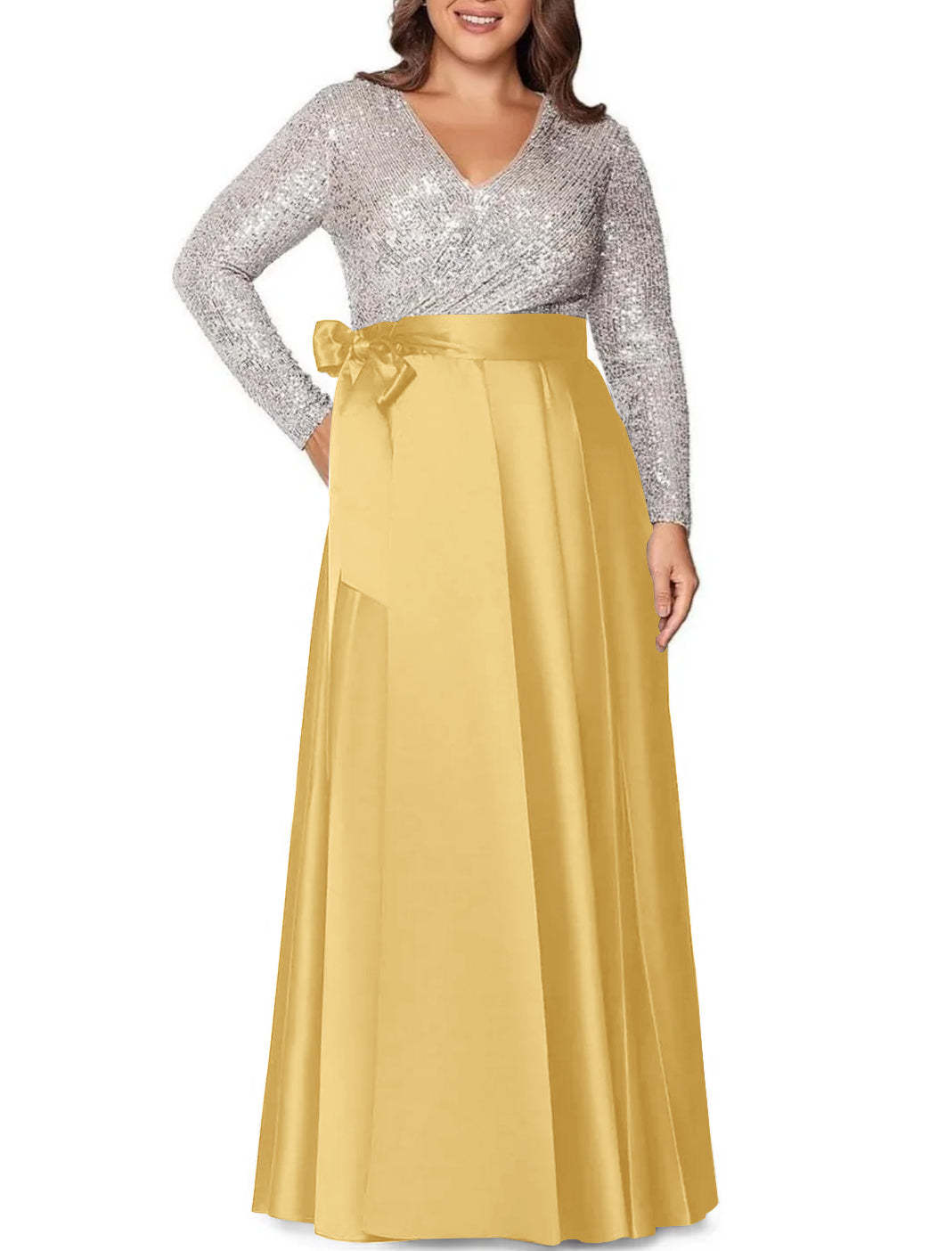 V-Neck A-Line Princess Floor-Length Plus Size Mother of the Bride Dress With Long Sleeves and Sequined Pocket-BMbridal.UK