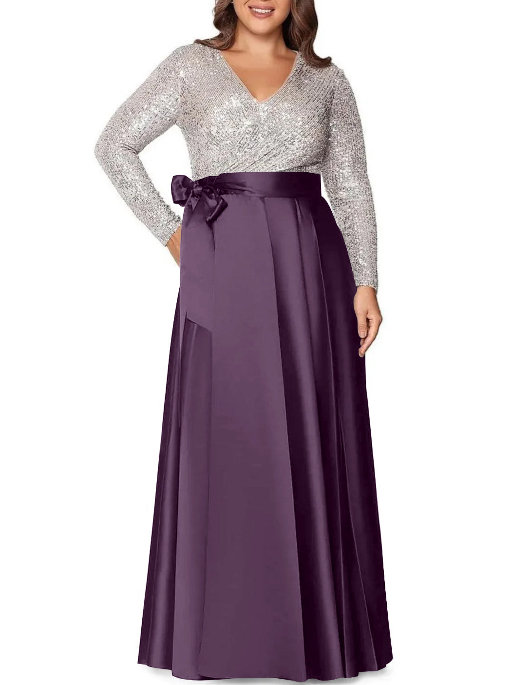 V-Neck A-Line Princess Floor-Length Plus Size Mother of the Bride Dress With Long Sleeves and Sequined Pocket-BMbridal.UK
