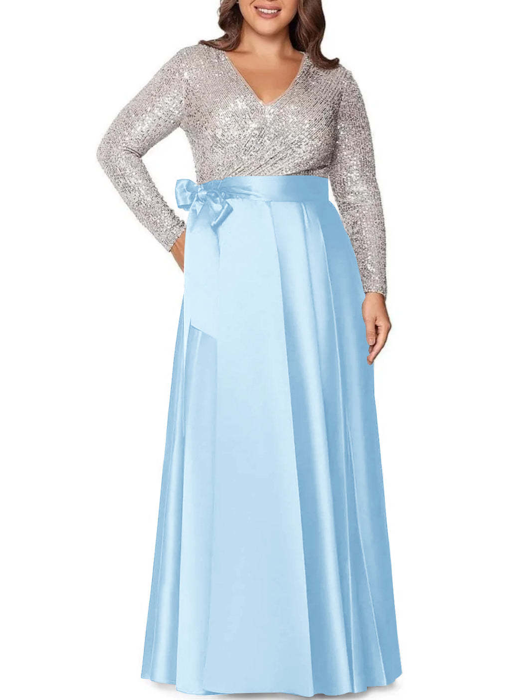 V-Neck A-Line Princess Floor-Length Plus Size Mother of the Bride Dress With Long Sleeves and Sequined Pocket-BMbridal.UK
