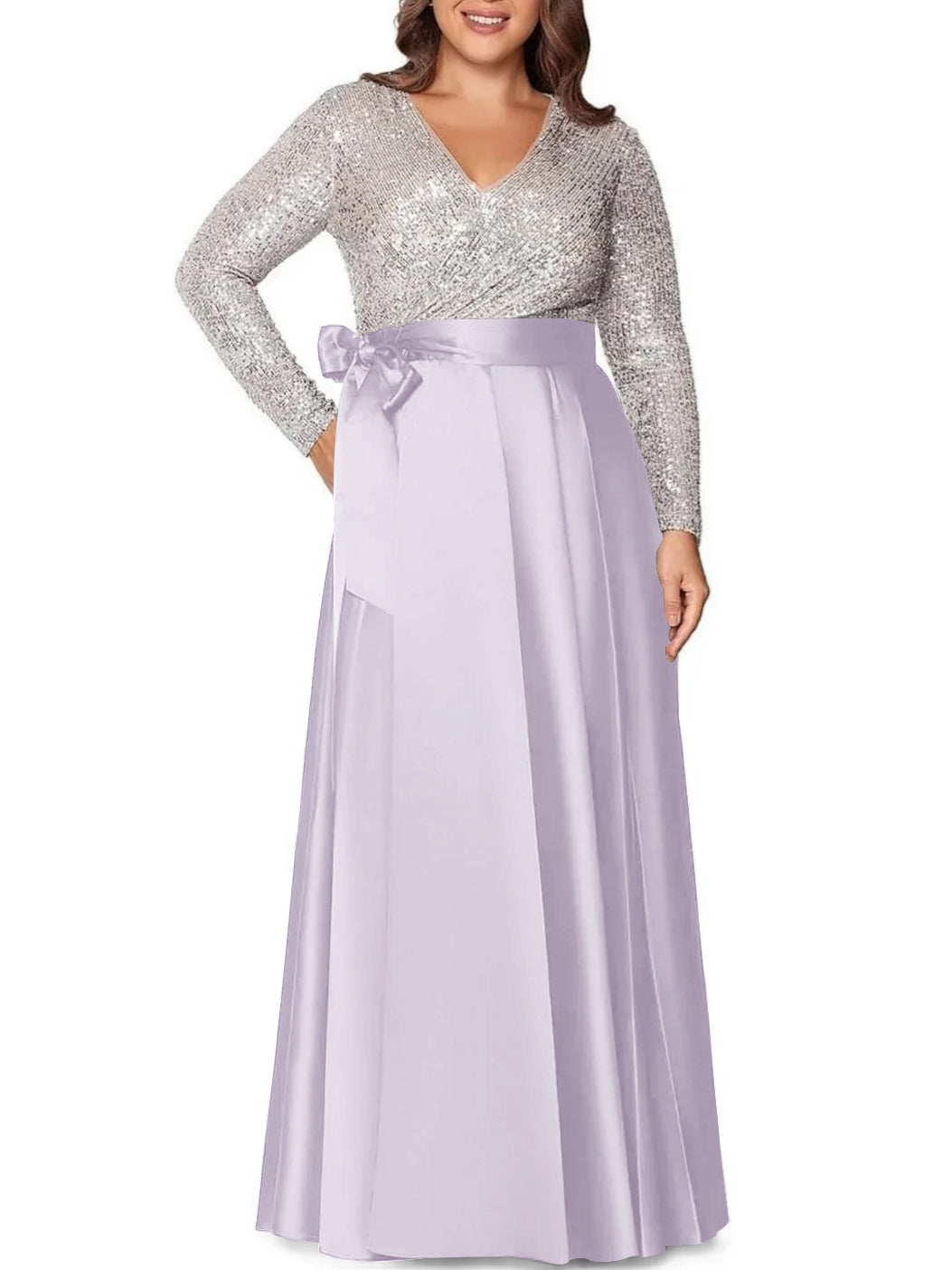 V-Neck A-Line Princess Floor-Length Plus Size Mother of the Bride Dress With Long Sleeves and Sequined Pocket-BMbridal.UK