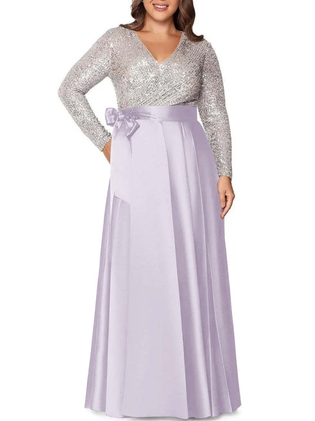 V-Neck A-Line Princess Floor-Length Plus Size Mother of the Bride Dress With Long Sleeves and Sequined Pocket-BMbridal.UK