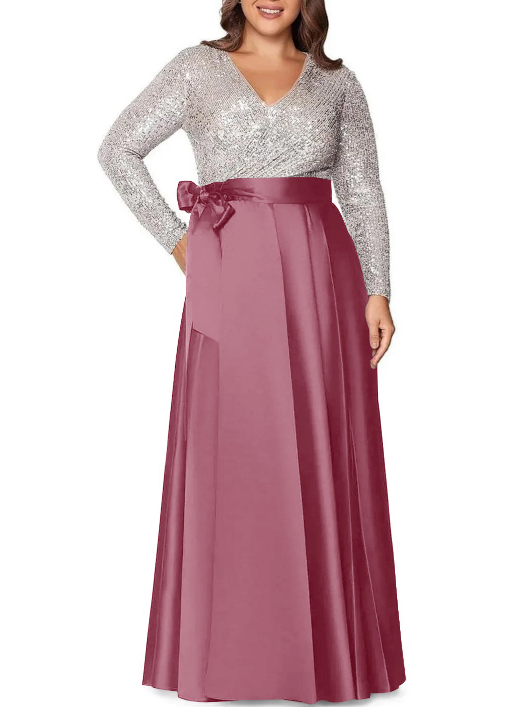 V-Neck A-Line Princess Floor-Length Plus Size Mother of the Bride Dress With Long Sleeves and Sequined Pocket-BMbridal.UK