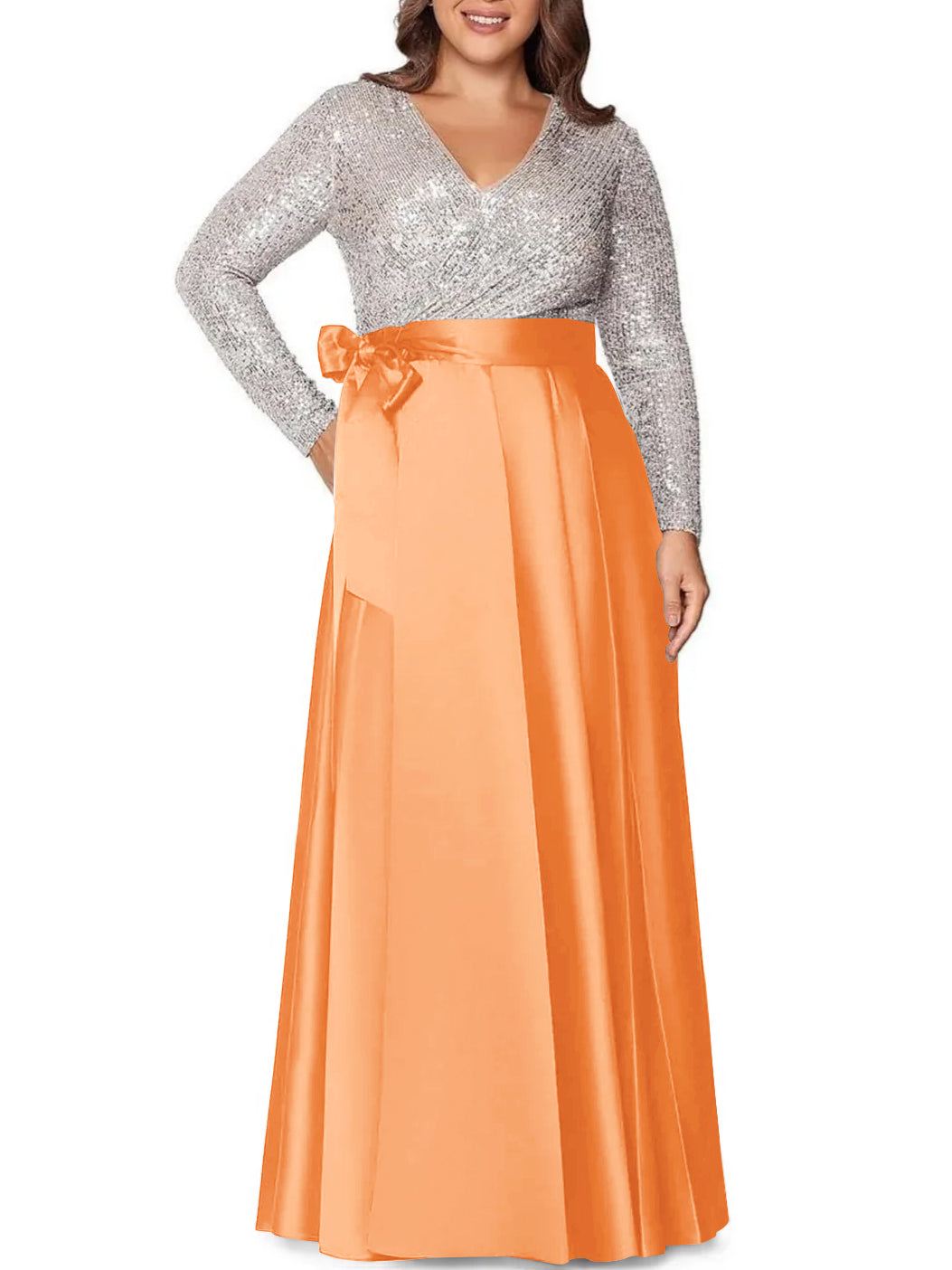 V-Neck A-Line Princess Floor-Length Plus Size Mother of the Bride Dress With Long Sleeves and Sequined Pocket-BMbridal.UK