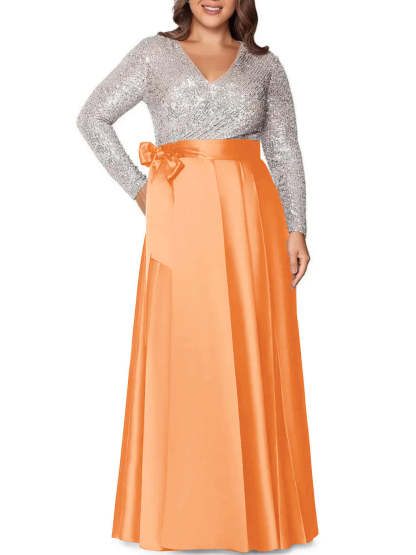 V-Neck A-Line Princess Floor-Length Plus Size Mother of the Bride Dress With Long Sleeves and Sequined Pocket-BMbridal.UK