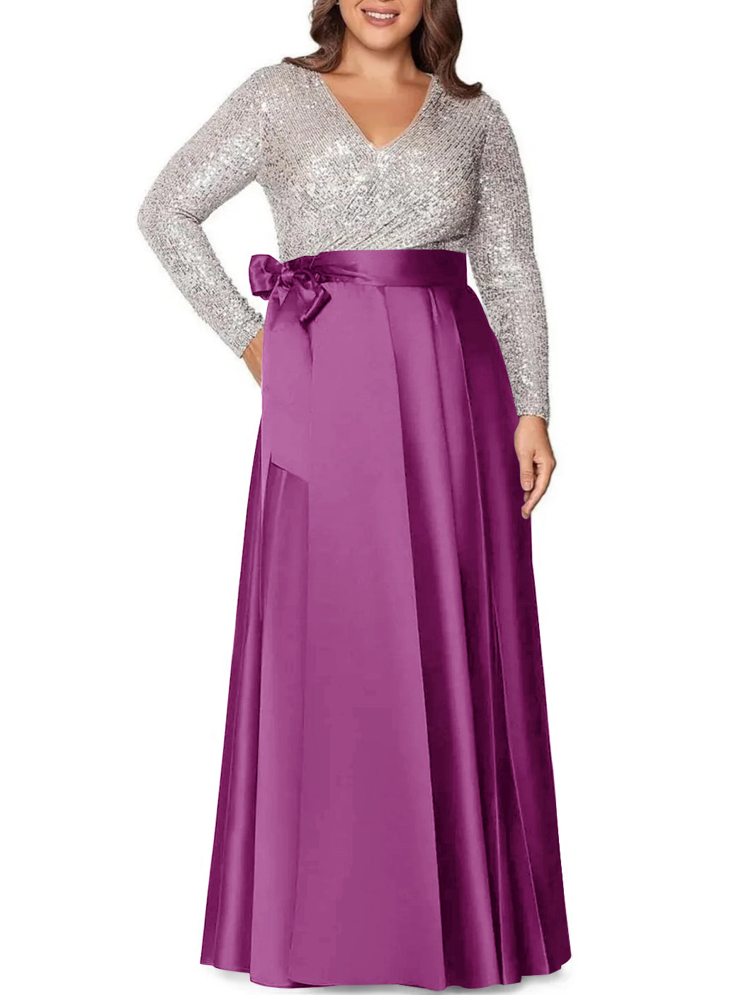 V-Neck A-Line Princess Floor-Length Plus Size Mother of the Bride Dress With Long Sleeves and Sequined Pocket-BMbridal.UK