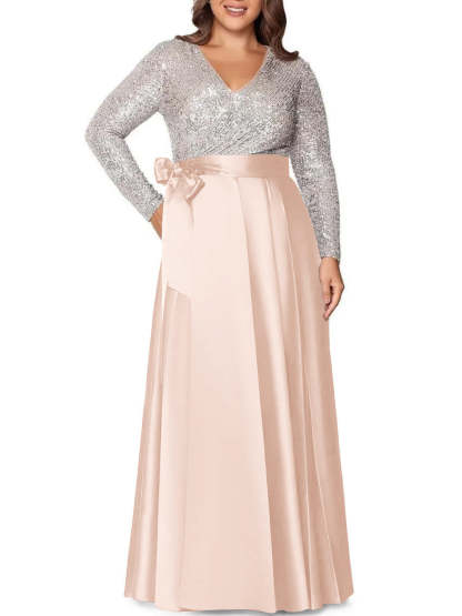 V-Neck A-Line Princess Floor-Length Plus Size Mother of the Bride Dress With Long Sleeves and Sequined Pocket-BMbridal.UK