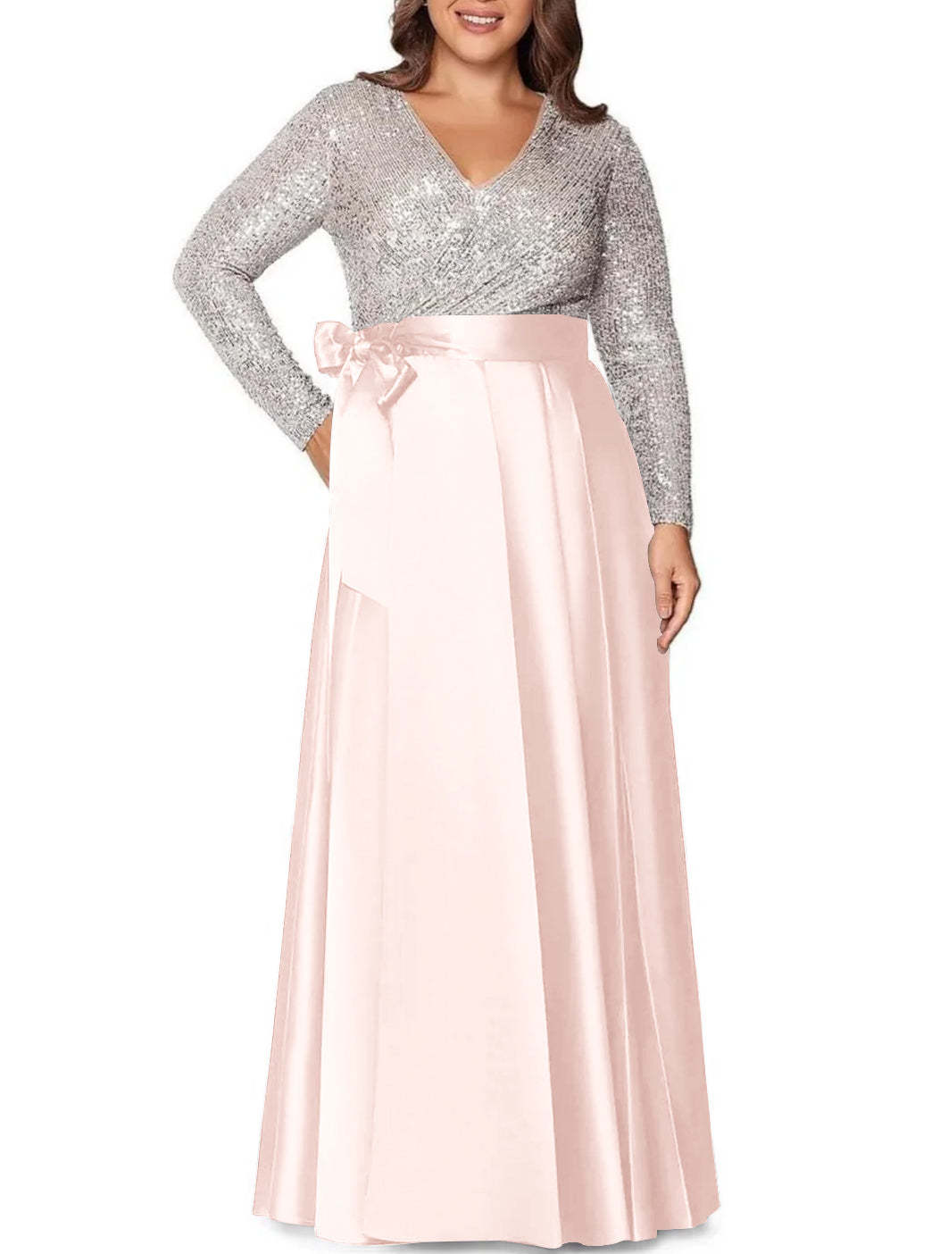 V-Neck A-Line Princess Floor-Length Plus Size Mother of the Bride Dress With Long Sleeves and Sequined Pocket-BMbridal.UK
