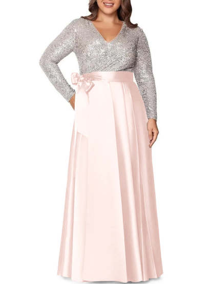 V-Neck A-Line Princess Floor-Length Plus Size Mother of the Bride Dress With Long Sleeves and Sequined Pocket-BMbridal.UK