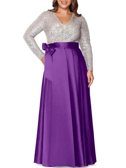 V-Neck A-Line Princess Floor-Length Plus Size Mother of the Bride Dress With Long Sleeves and Sequined Pocket-BMbridal.UK