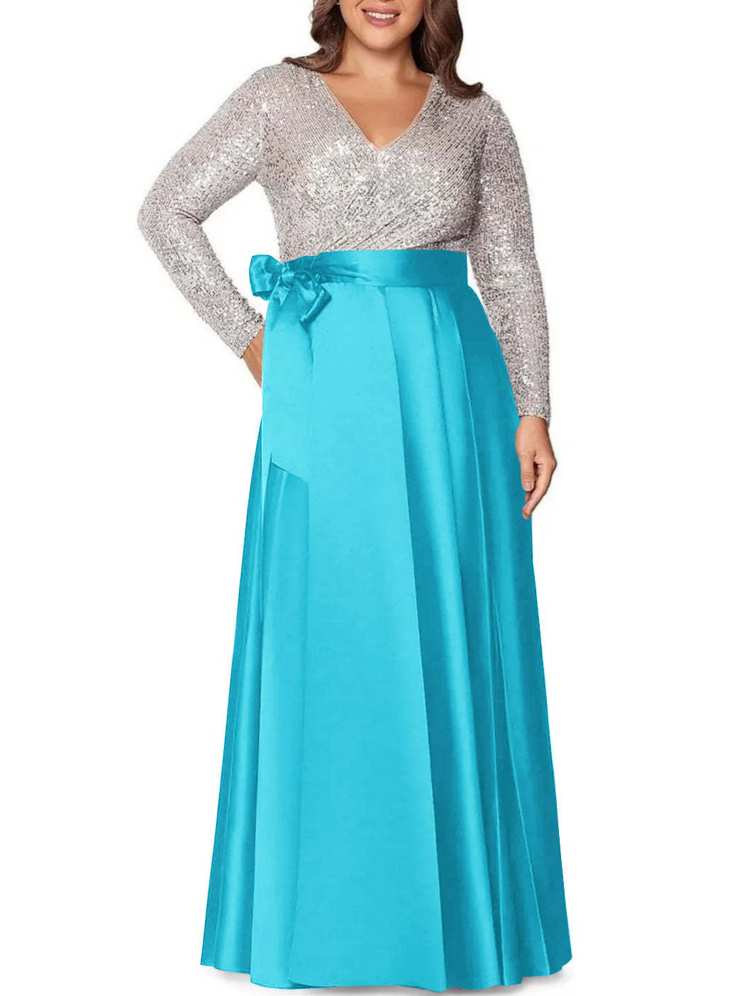 V-Neck A-Line Princess Floor-Length Plus Size Mother of the Bride Dress With Long Sleeves and Sequined Pocket-BMbridal.UK