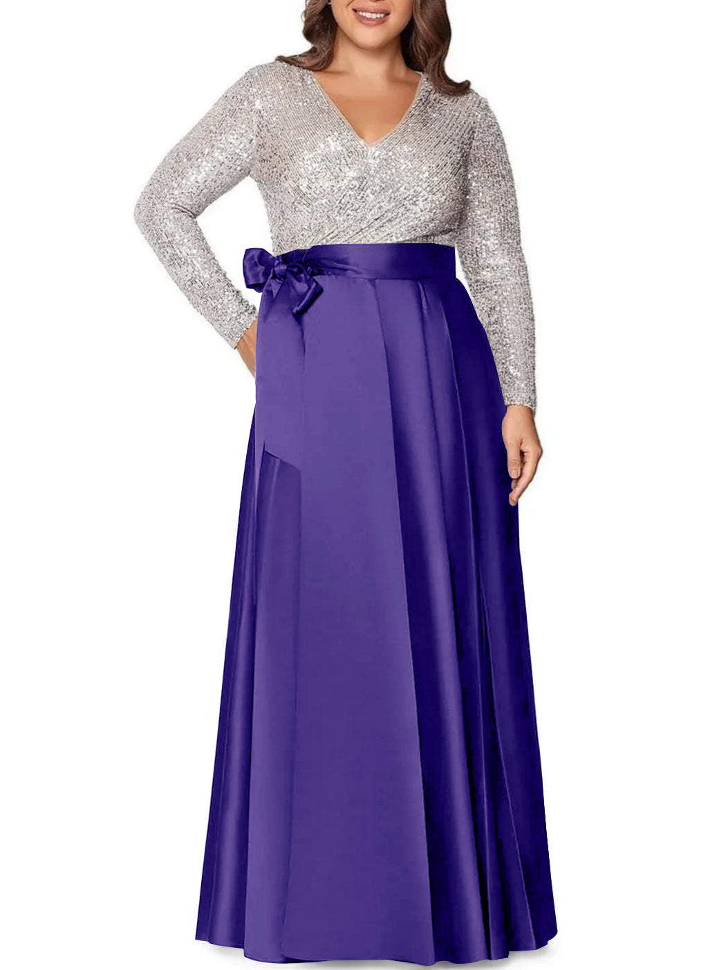 V-Neck A-Line Princess Floor-Length Plus Size Mother of the Bride Dress With Long Sleeves and Sequined Pocket-BMbridal.UK