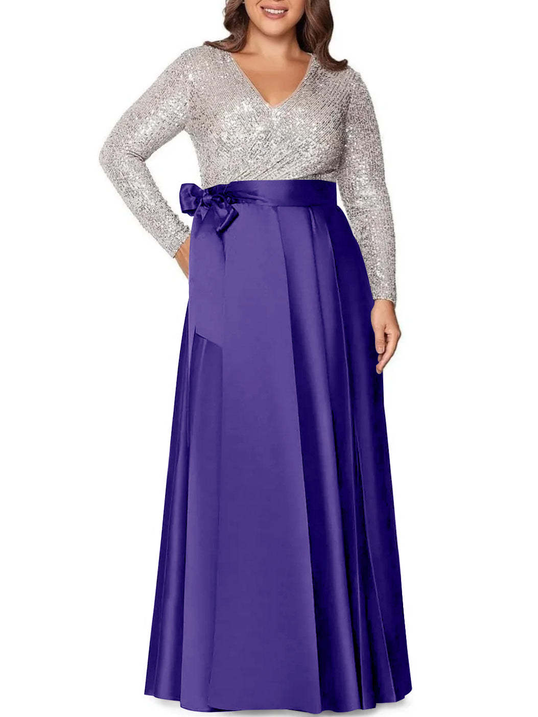 V-Neck A-Line Princess Floor-Length Plus Size Mother of the Bride Dress With Long Sleeves and Sequined Pocket-BMbridal.UK