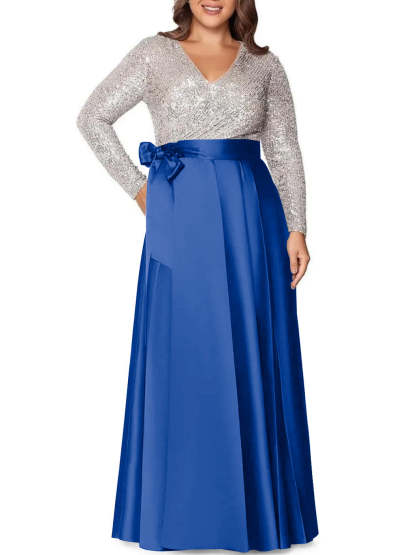 V-Neck A-Line Princess Floor-Length Plus Size Mother of the Bride Dress With Long Sleeves and Sequined Pocket-BMbridal.UK