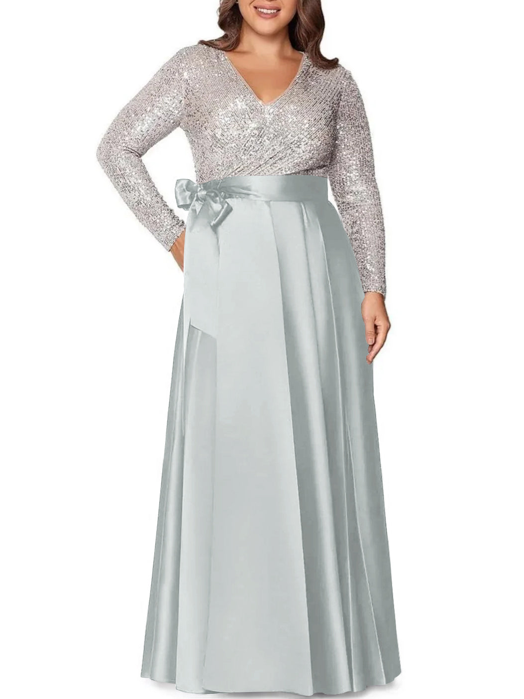 V-Neck A-Line Princess Floor-Length Plus Size Mother of the Bride Dress With Long Sleeves and Sequined Pocket-BMbridal.UK