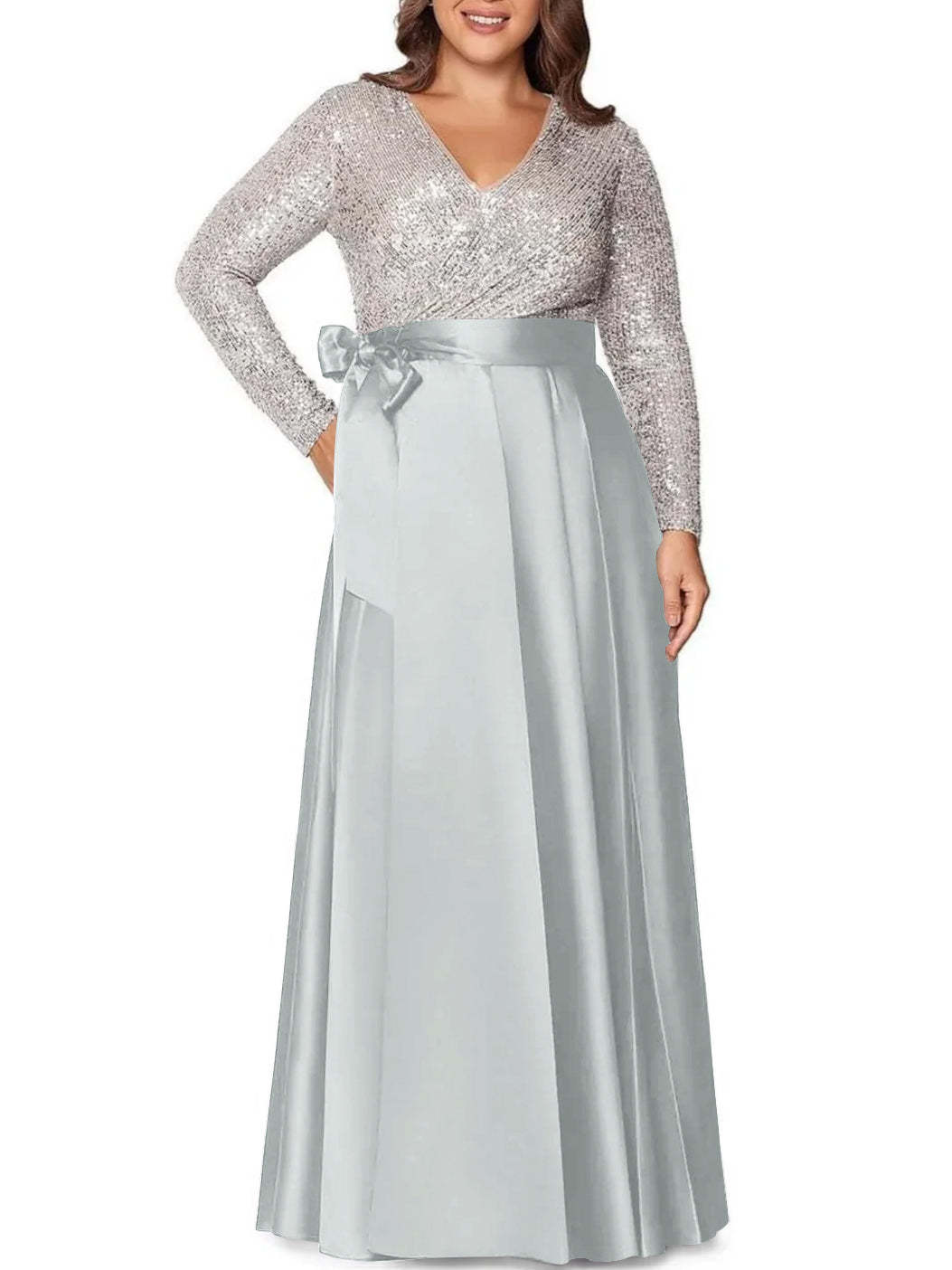 V-Neck A-Line Princess Floor-Length Plus Size Mother of the Bride Dress With Long Sleeves and Sequined Pocket-BMbridal.UK