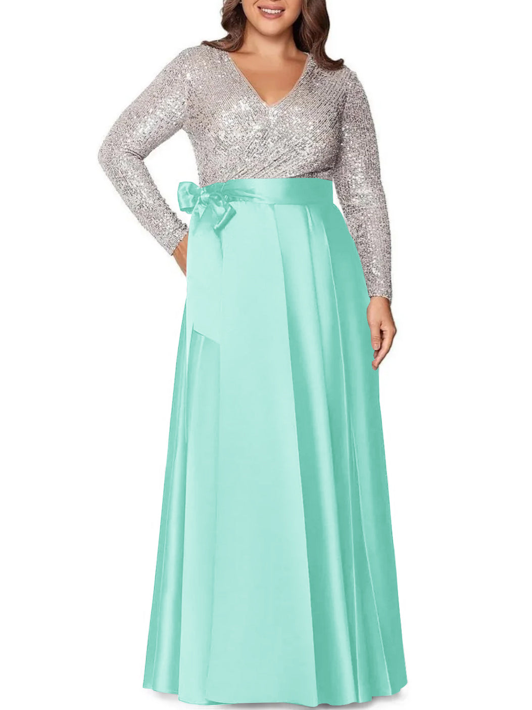V-Neck A-Line Princess Floor-Length Plus Size Mother of the Bride Dress With Long Sleeves and Sequined Pocket-BMbridal.UK