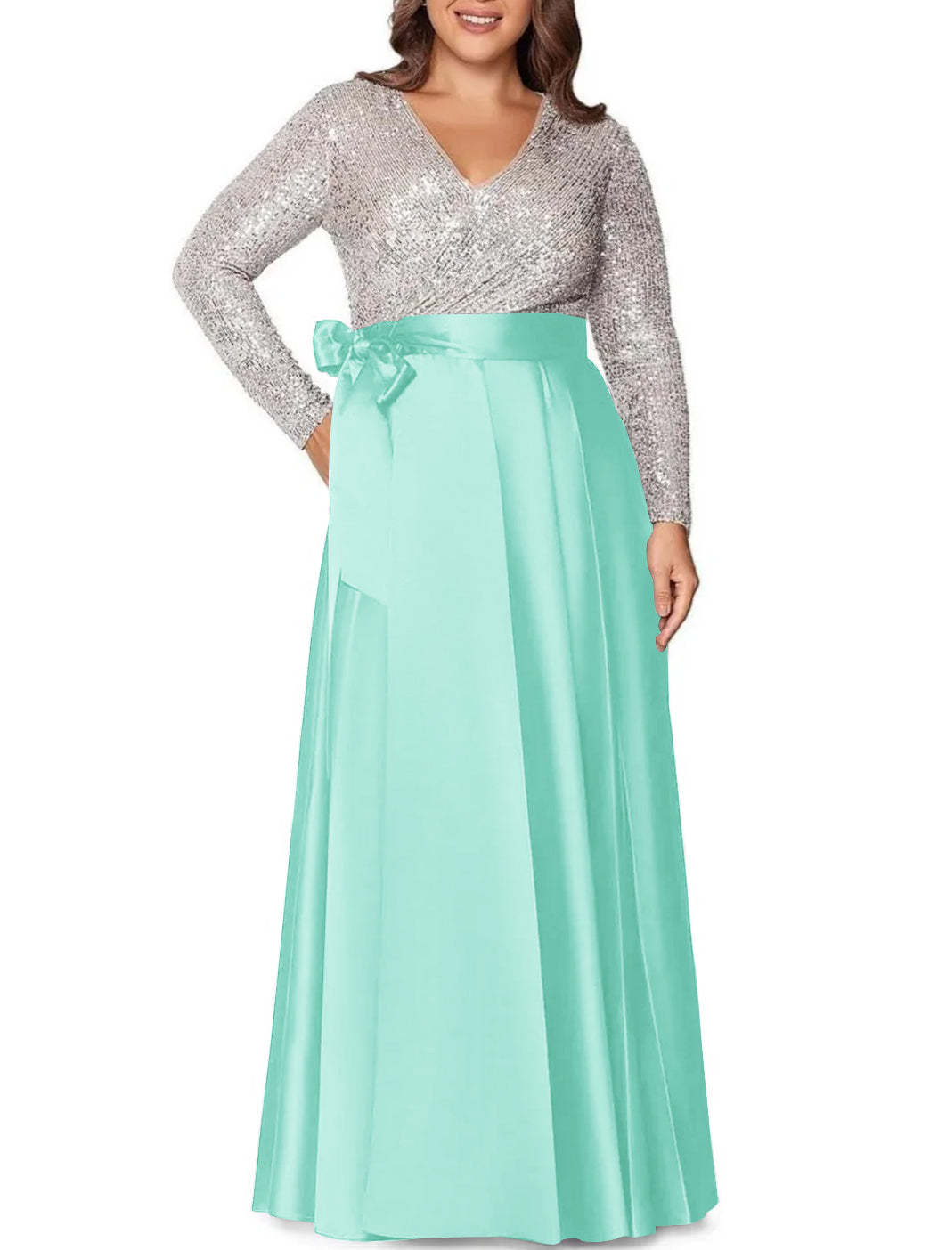 V-Neck A-Line Princess Floor-Length Plus Size Mother of the Bride Dress With Long Sleeves and Sequined Pocket-BMbridal.UK