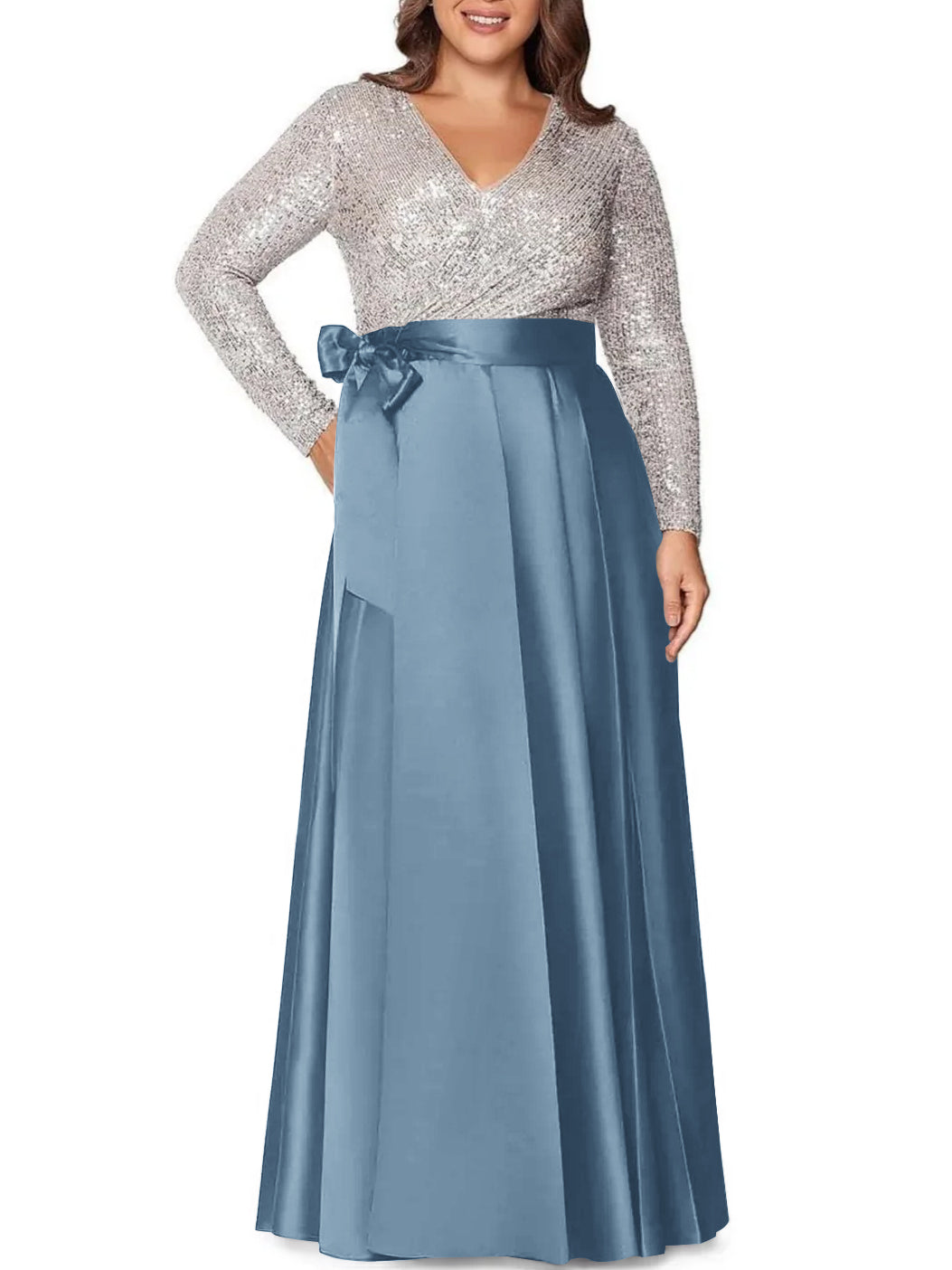 V-Neck A-Line Princess Floor-Length Plus Size Mother of the Bride Dress With Long Sleeves and Sequined Pocket-BMbridal.UK