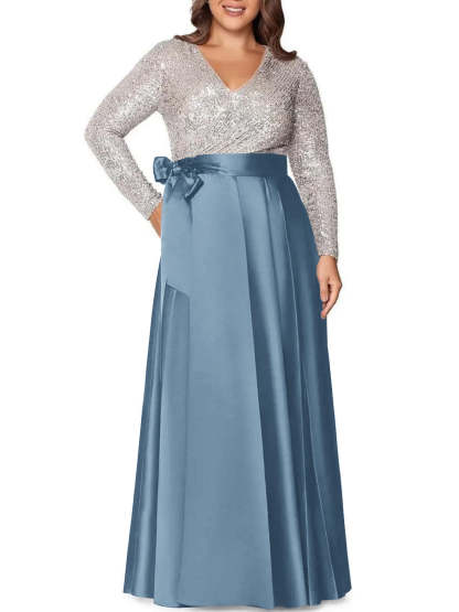V-Neck A-Line Princess Floor-Length Plus Size Mother of the Bride Dress With Long Sleeves and Sequined Pocket-BMbridal.UK