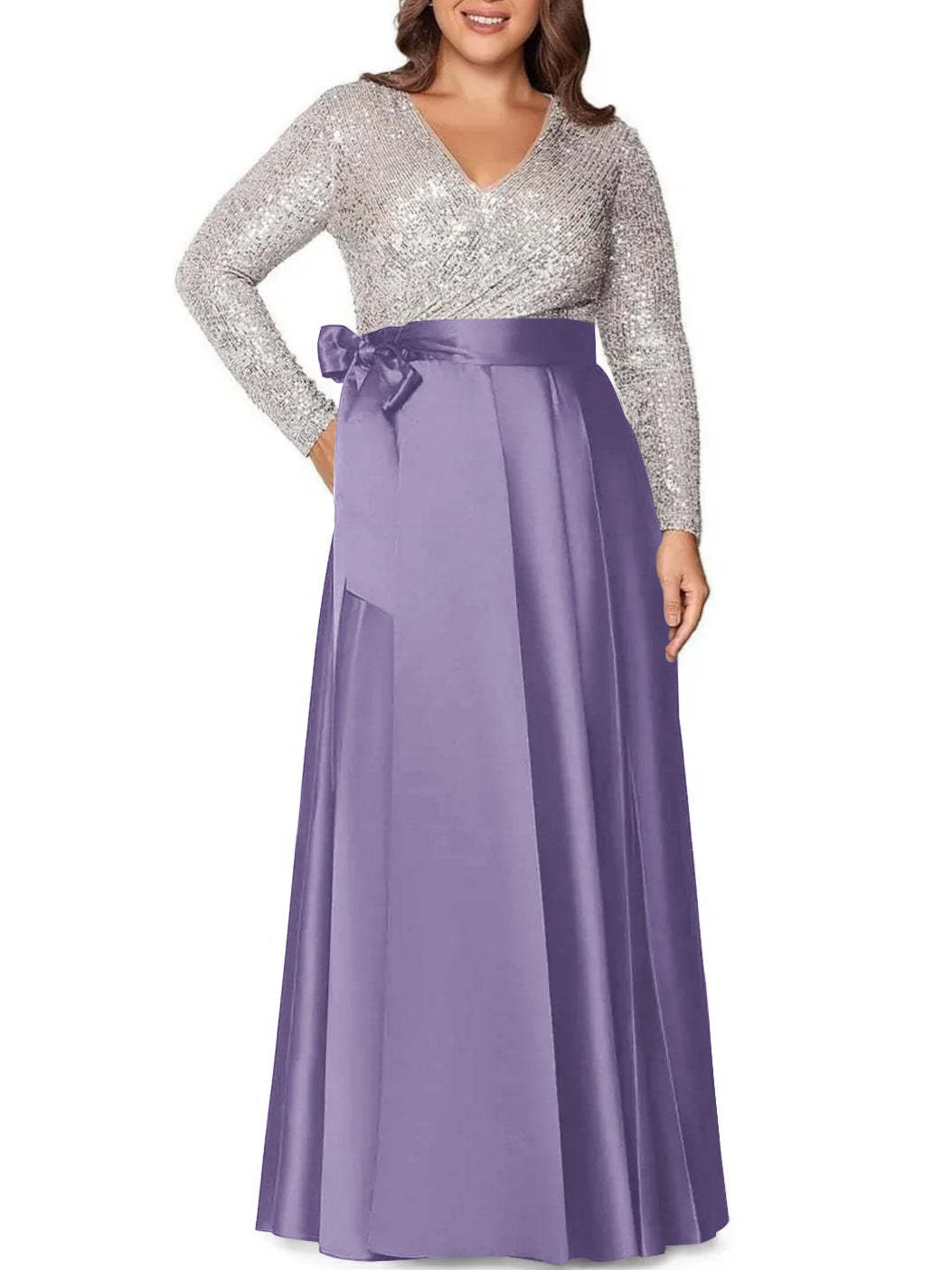 V-Neck A-Line Princess Floor-Length Plus Size Mother of the Bride Dress With Long Sleeves and Sequined Pocket-BMbridal.UK