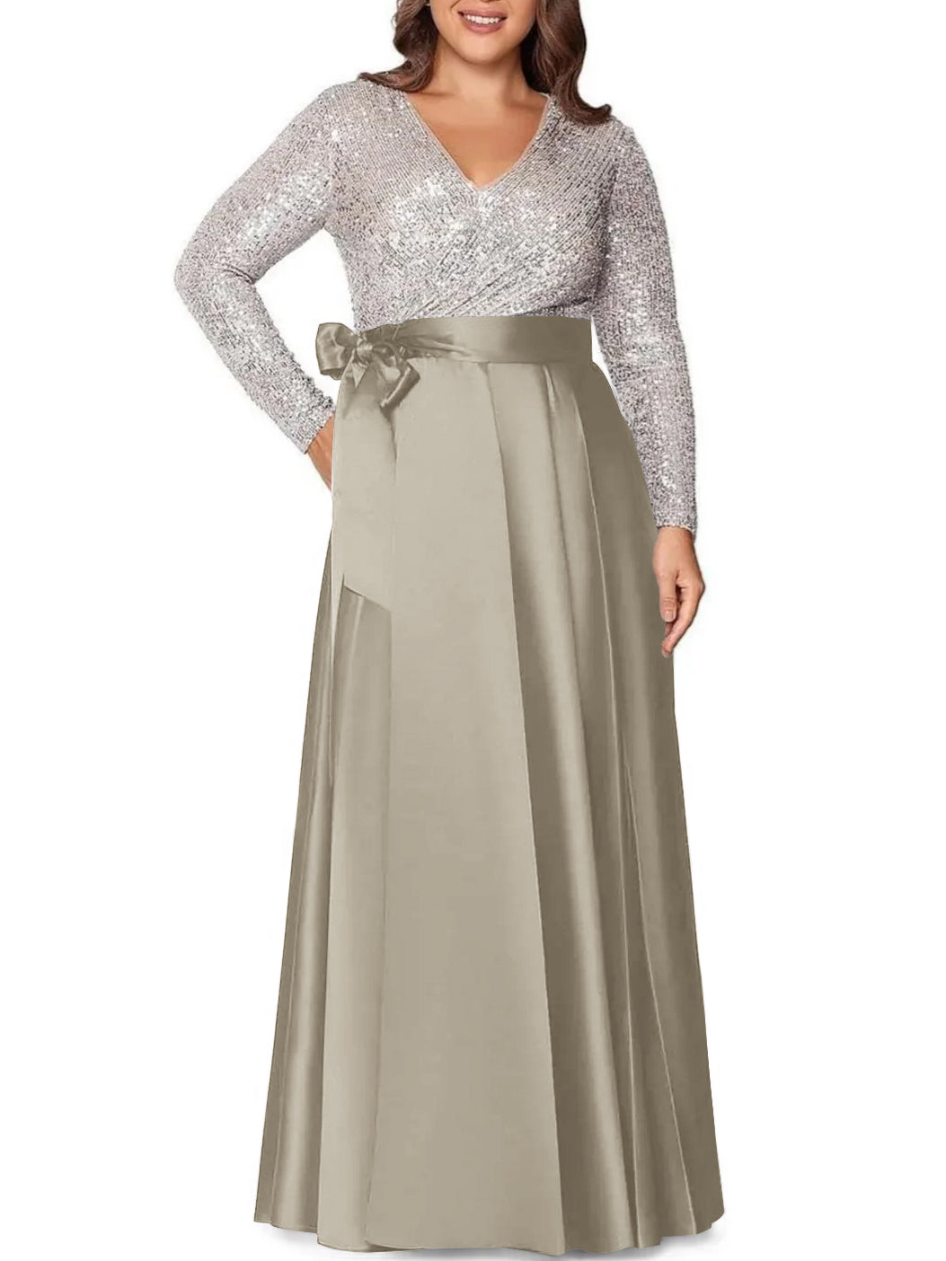 V-Neck A-Line Princess Floor-Length Plus Size Mother of the Bride Dress With Long Sleeves and Sequined Pocket-BMbridal.UK
