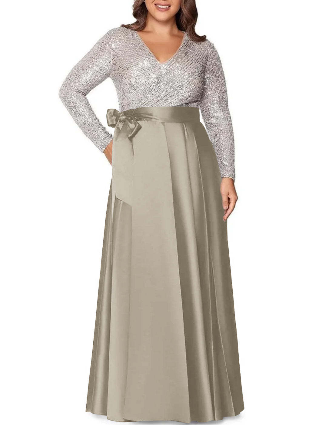 V-Neck A-Line Princess Floor-Length Plus Size Mother of the Bride Dress With Long Sleeves and Sequined Pocket-BMbridal.UK