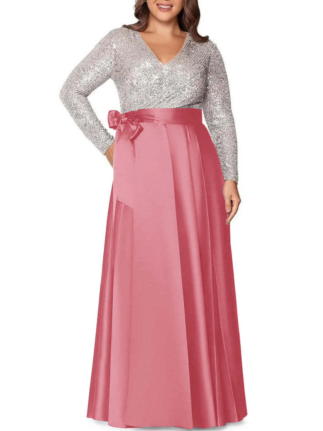 V-Neck A-Line Princess Floor-Length Plus Size Mother of the Bride Dress With Long Sleeves and Sequined Pocket-BMbridal.UK